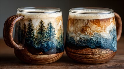 Two artisanal glass mugs with nature scene designs rest on a wooden surface for a warm beverage break.