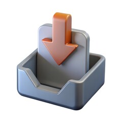 3d rendering of a download icon with an orange arrow pointing down into a gray tray isolated on white background