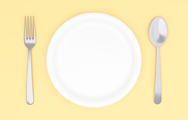 3Dイラスト_皿とカトラリー_黄色