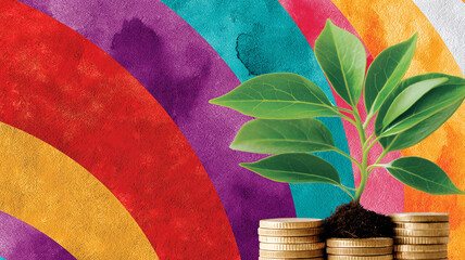 A plant grows from coins against a colorful rainbow background