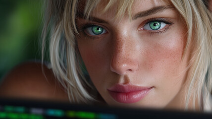 Closeup portrait of a young woman with striking green eyes
