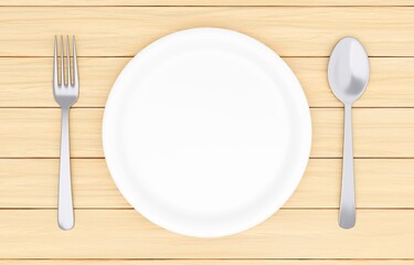 3Dイラスト_皿とカトラリー_木のテーブル_オレンジ