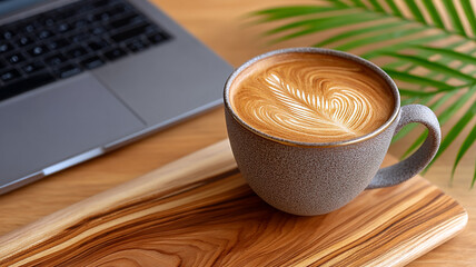 A cup of latte art coffee next to a laptop