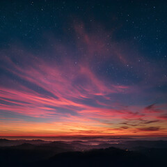 Fototapeta premium Kaleidoscope of Colors: A Wonderful Sky at Sunset Blending into Starry Night