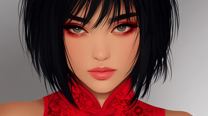 A stylish woman with short black hair and bold red makeup