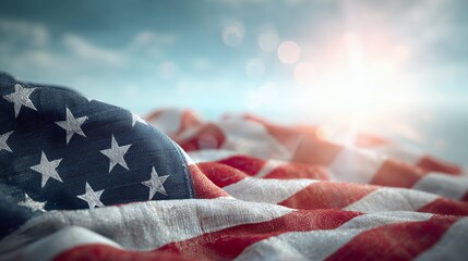 Detailed textured fabric of the American flag waving in the wind against a bright atmospheric sky bokeh, concept for national pride displays, patriotic holiday celebrations and historical event