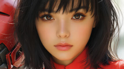 Closeup portrait of a woman with a red robotic arm