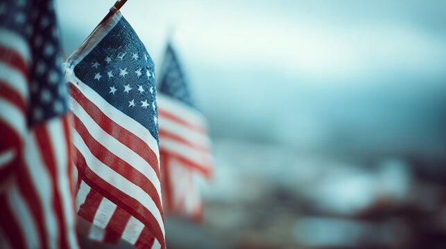 Waving miniature American flags with bokeh backdrop conveying patriotism and national pride, concept for patriotic commemoration historical storytelling and national celebration, 4th of july. 1776 - Powered by Adobe