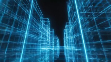 Explore a futuristic city with blue neon gridlines, a high-tech urban landscape perfect for virtual reality, gaming, and technological innovation. - Powered by Adobe