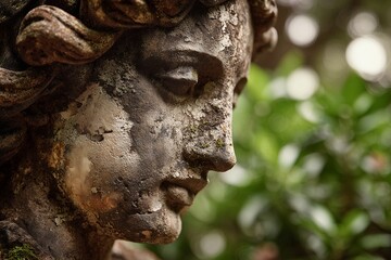 Close-up detail of weathered stone statue face showing ancient decay and texture in a garden, concept for historical preservation, artistic reference material, and architectural design inspiration