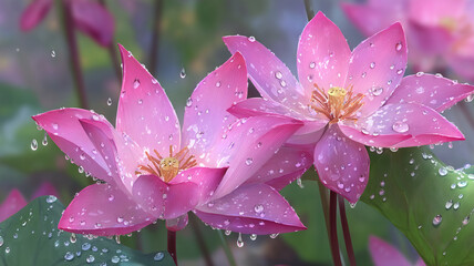 Two pink lotus flowers with water droplets