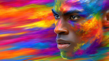 Mans face covered in vibrant, abstract paint strokes and colors