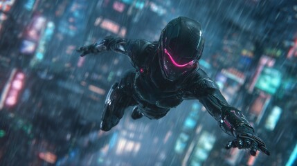 Dynamic view of a masked figure soaring above a rainy cyberpunk metropolis glowing with vibrant neon light, concept for futuristic storytelling visuals, technology related projects and immersive
