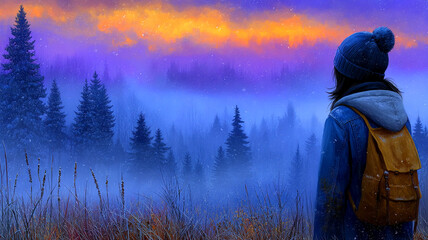 Hiker watches a misty mountain landscape at sunrise