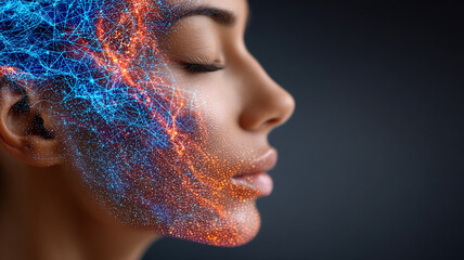 Womans face illuminated by glowing digital neural network