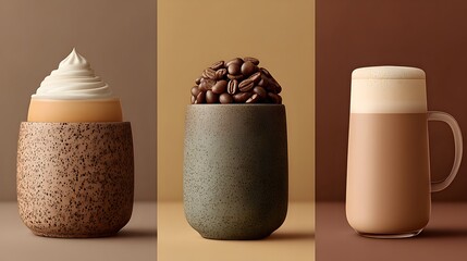 Three different types of coffee drinks stand together against a plain background in a vertical studio shot.