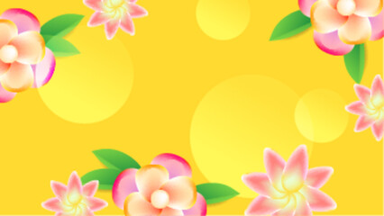 Pink flowers contrast beautifully with a yellow background and circles, perfect for spring themed designs, greeting cards, or feminine branding projects.