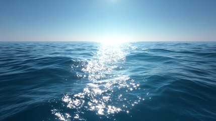 Obraz premium Bright sunbeams illuminating serene blue ocean waves creating a shimmering path towards the horizon line, concept for tourism advertising, environmental documentaries, peaceful meditation visuals
