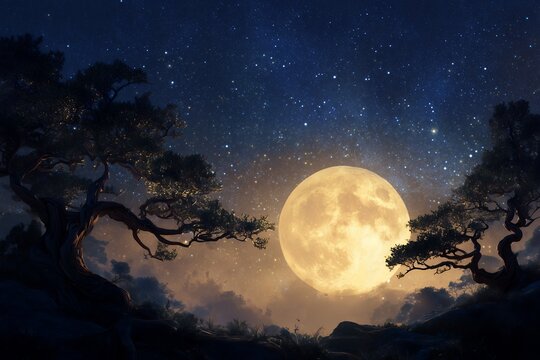 Large glowing golden full moon dominates a deep blue starry night sky between ancient silhouette trees, concept for meditation mindfulness spiritual healing background art and nature environment