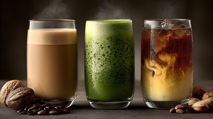 Three refreshing beverages offer hot coffee, matcha green tea, and iced coffee variations for taste delights.