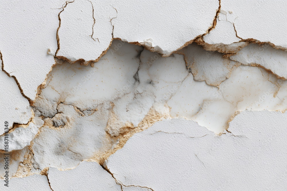 Fototapete extreme close-up showing widespread cracking and discoloration of an aged white plaster wall surface