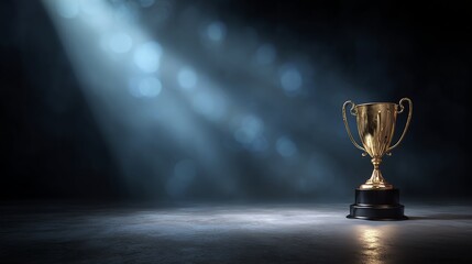 Shiny golden championship trophy rests on a dark stage under strong spotlight beams, defocused lights, concept for celebrating competitive event victory, recognizing high performance achievement