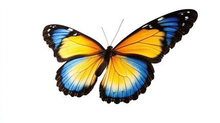 Obraz premium Yellow-blue butterfly, isolated, wings open, white background, nature design