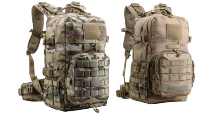 Two backpacks with shoulder straps and various pockets stand against a transparent background.
