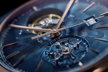 Extreme macro view luxury automatic watch blue dial and rose gold hands displaying gear mechanism, concept for technology innovation business presentation and luxury marketing