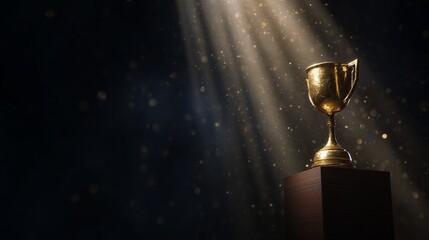 Shiny golden award trophy cup stands on a dark pedestal bathed in dramatic light rays, concept for winning achievement recognition, successful competition victory and corporate leadership award