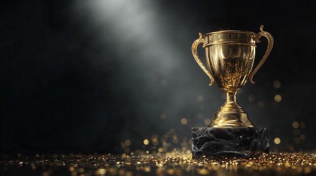 Detailed golden award trophy on black marble base highlighted by dramatic light, scattered with gold glitter, concept for winning achievement presentations, prestigious recognition ceremonies