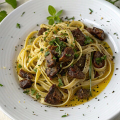 Top View of Linguine Pasta with Crispy Fried Chicken Liver
