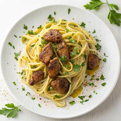 Top View of Linguine Pasta with Crispy Fried Chicken Liver