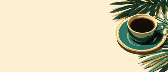 Cup of black coffee on green saucer with tropical palm leaves casting shadows on light beige background, calm and inviting
