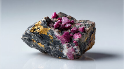 Stunning mineral specimen featuring vibrant pink gemstones embedded dark rock matrix with metallic gold accents, showcasing natural beauty
