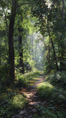 Obraz premium Serene Forest Walking Trail with Sunlit Path and Lush Green Foliage Inviting Exploration