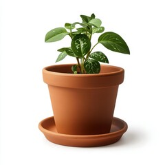Fototapeta premium Healthy green plant with variegated leaves in a terracotta pot isolated on white background