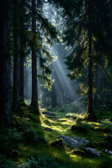 Obraz premium A photostock images of a forest with sunlight streaming through the trees