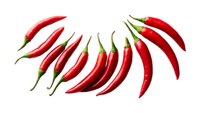 Red chili peppers are forming a semi circle on transparent background.
