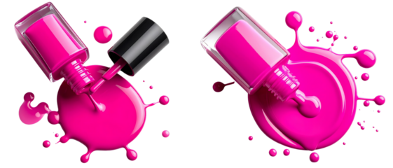 Close up of vibrant pink nail polish flowing smoothly from two open bottles isolated on white background. Suitable for marketing or business purposes. PNG file