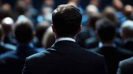 Fototapeta premium Man in suit, audience, conference, presentation, back view, business, seminar, event, leadership, success