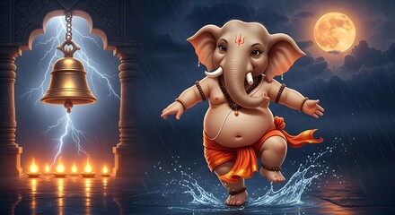 Ganesha dancing in the rain with a bell and lightning in the background under a full moon night sky
