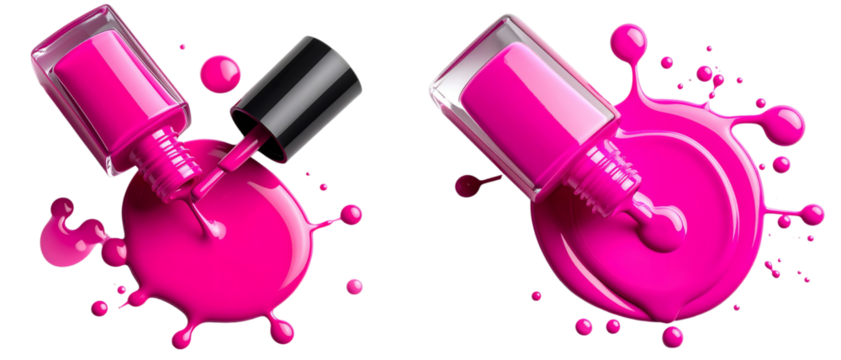 Close up of vibrant pink nail polish flowing smoothly from two open bottles isolated on white background. Suitable for marketing or business purposes. PNG file