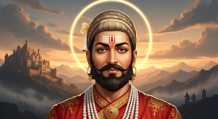 Portrait of chhatrapati shivaji maharaj against a backdrop of mountains and a glowing halo effect