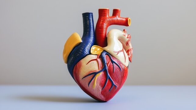 Anatomical heart model on table, studio shot, medical education