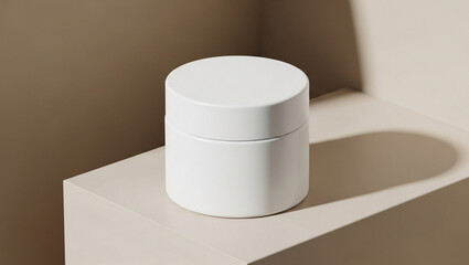 Minimalist White Jar Cosmetics Skincare Product on Beige Pedestal Studio Lighting