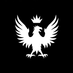 Obraz premium Stylized white eagle with crown on black background, wings outstretched