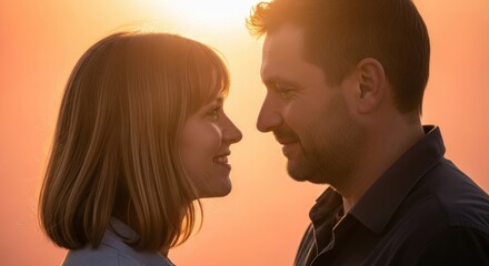 Photo of a couple gazes lovingly at each other during a golden sunset, capturing a moment of intimate connection and shared happiness
