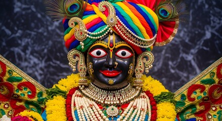 Close up of krishna idol adorned with colorful turban and intricate jewelry at temple altar space