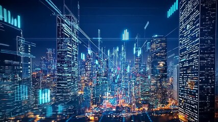 Futuristic city skyline at night with digital overlays showcasing data visualization and technology - Powered by Adobe